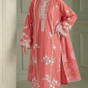🌸 Coral Bloom – Embroidered Dhanak Suit