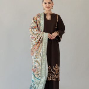 URGE Embroidered Dhanak 3-Piece Unstitched Suit - Article 554 (Chocolate Brown)